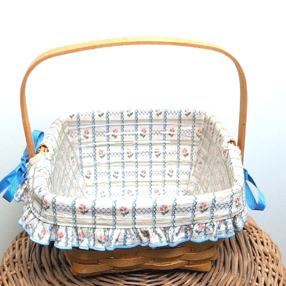 Longaberger Handwoven Square Handle Basket with Country Blue Floral Fabric Liner